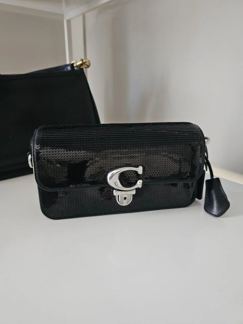 Coach Studio Baguette 20 Black Sequin Bag Silver Hardware CM428